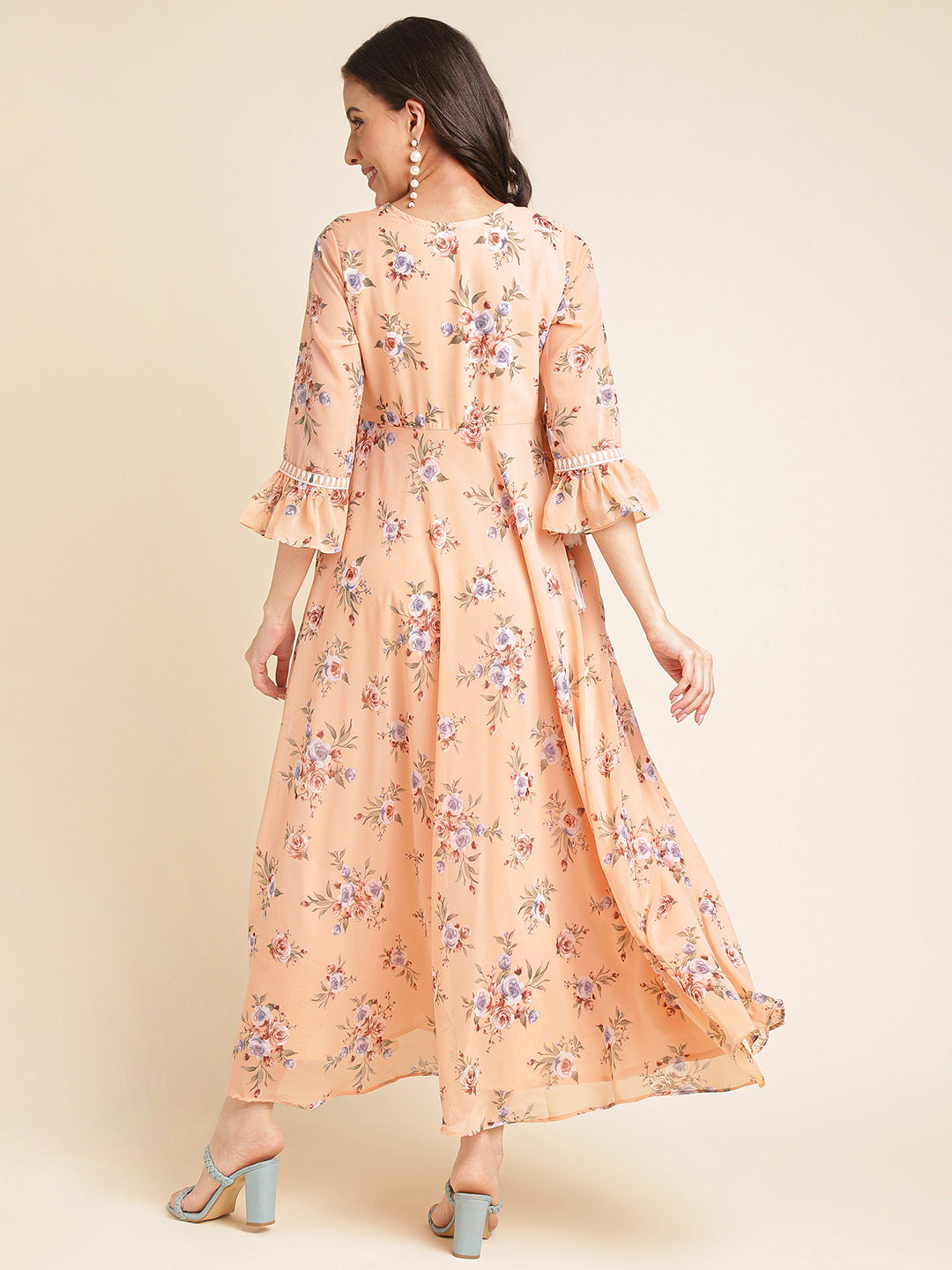 Peach Printed & Embroidered Flared Georgette V-Neck Gown