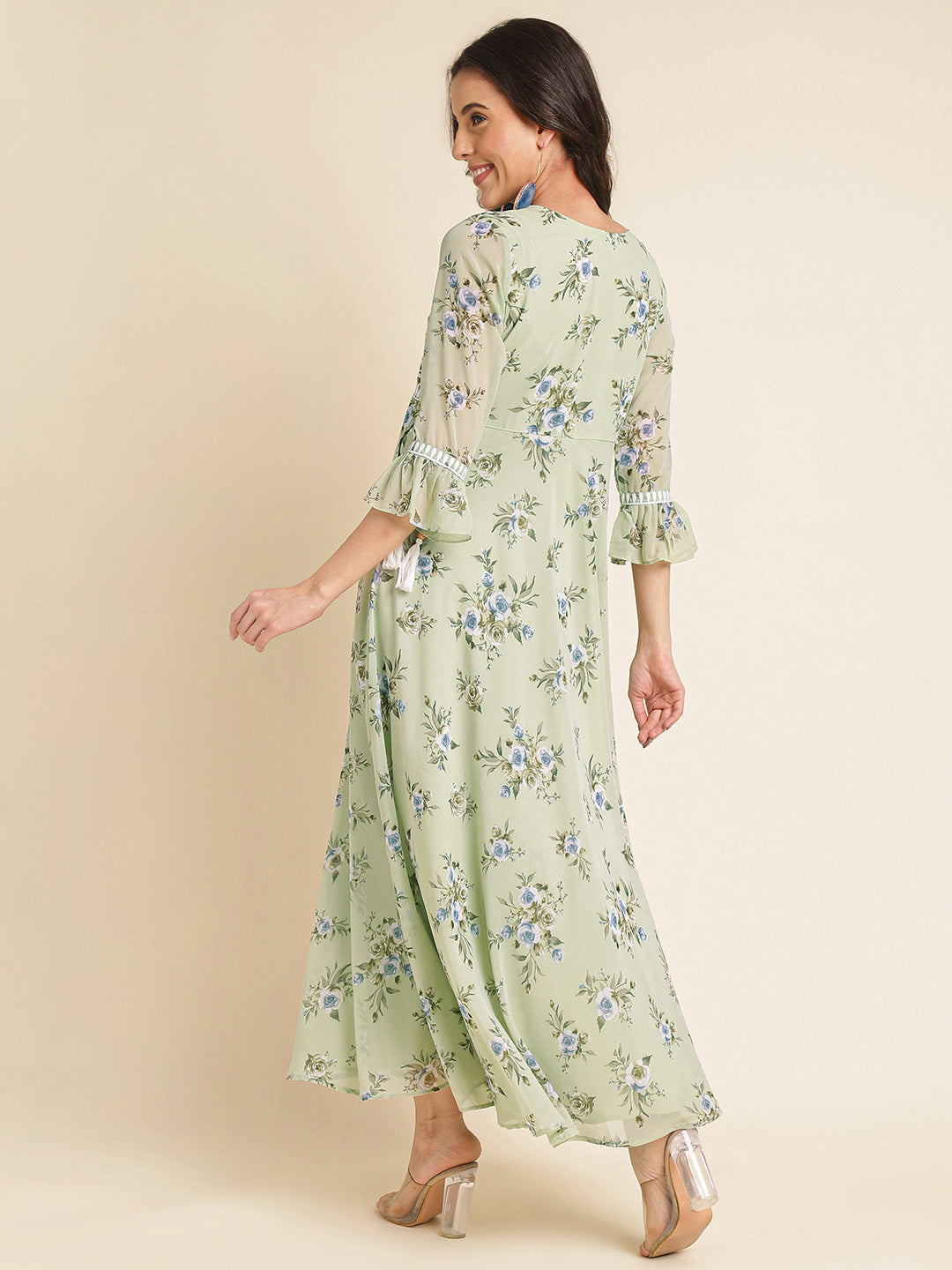 Green Floral Printed & Embroidered Flared Georgette Gown