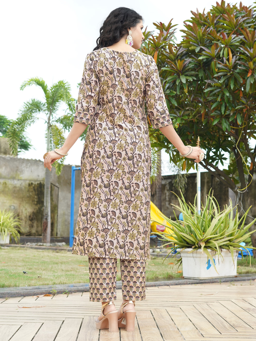 Brown Printed Rayon V-Neck Kurta Pant with Dupatta