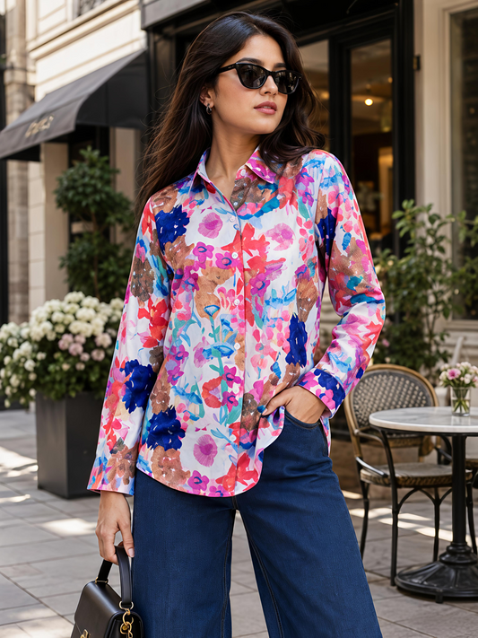 Multicolor Floral Printed Button Down Long Sleeve Shirt Women