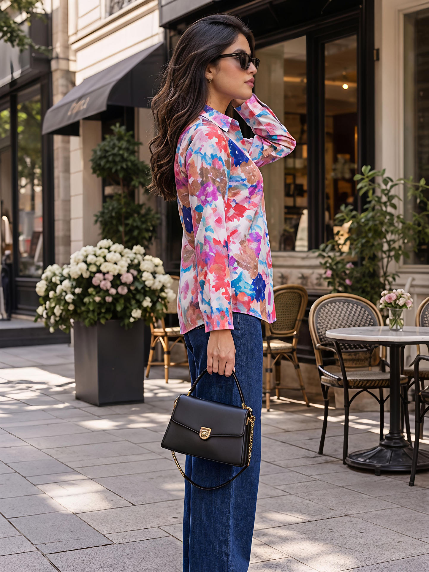 Multicolor Floral Printed Button Down Long Sleeve Shirt Women