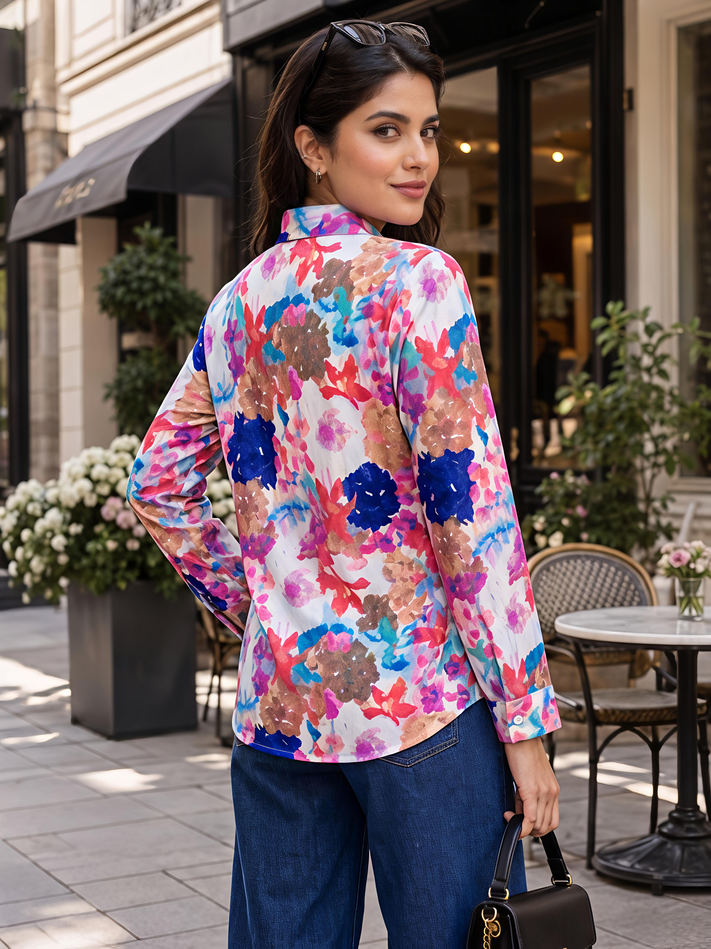 Multicolor Floral Printed Button Down Long Sleeve Shirt Women