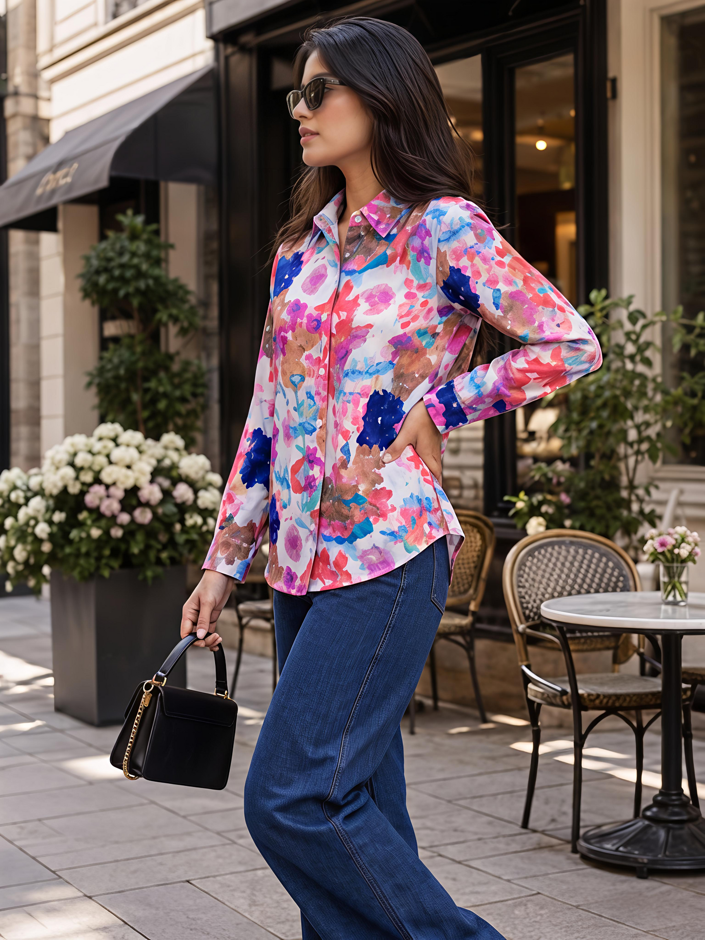 Multicolor Floral Printed Button Down Long Sleeve Shirt Women