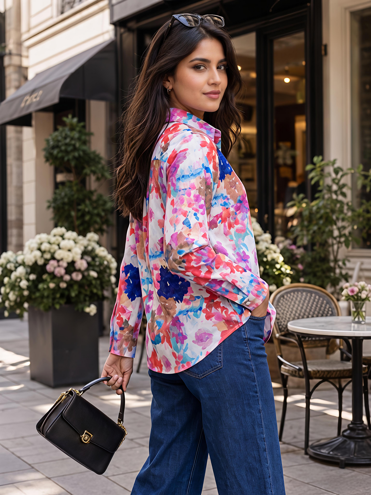 Multicolor Floral Printed Button Down Long Sleeve Shirt Women