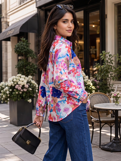 Multicolor Floral Printed Button Down Long Sleeve Shirt Women