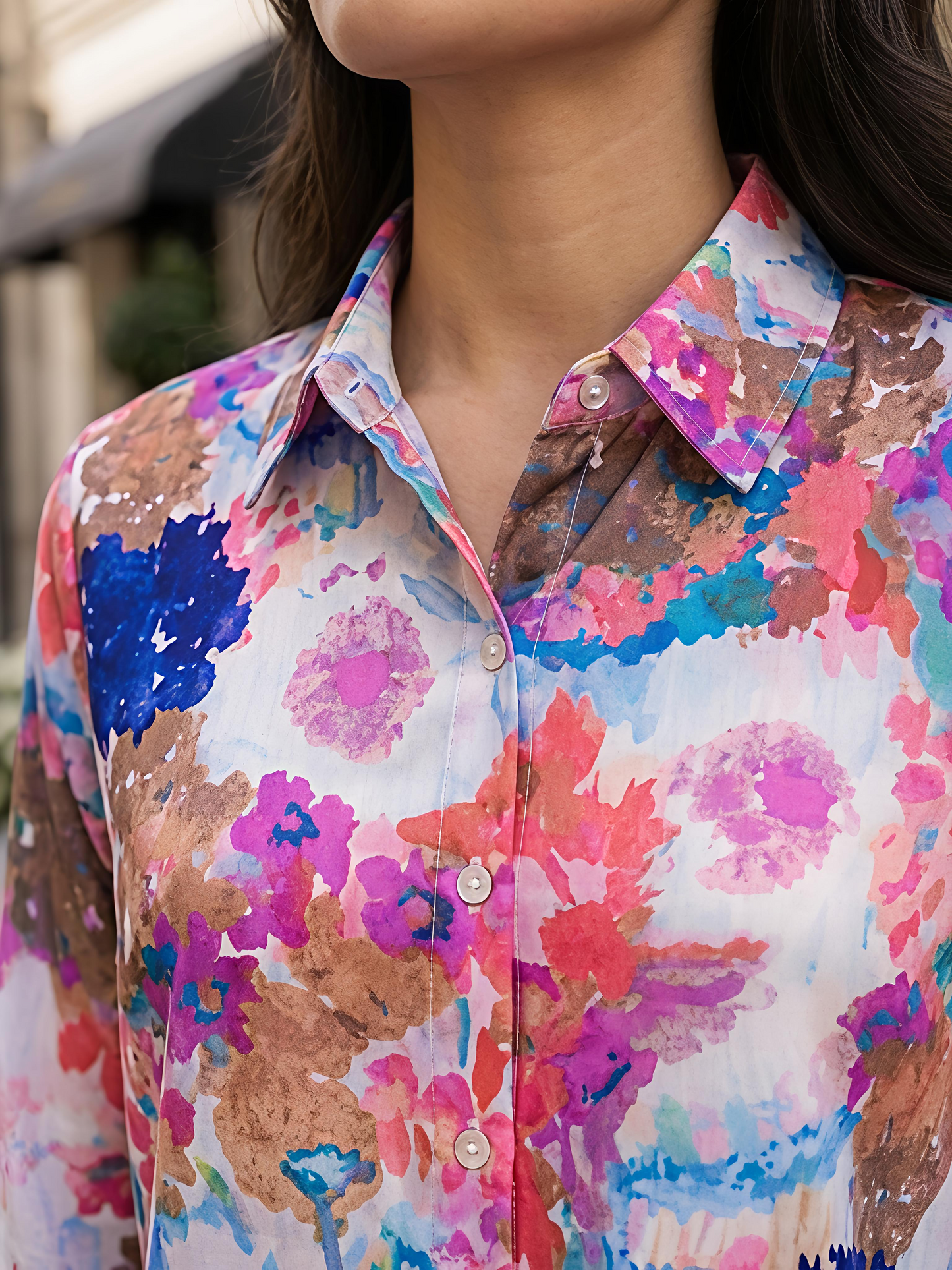 Multicolor Floral Printed Button Down Long Sleeve Shirt Women