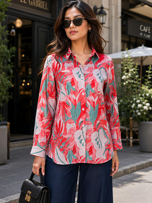 Orange Floral Printed Button Down Long Sleeve Shirt Women