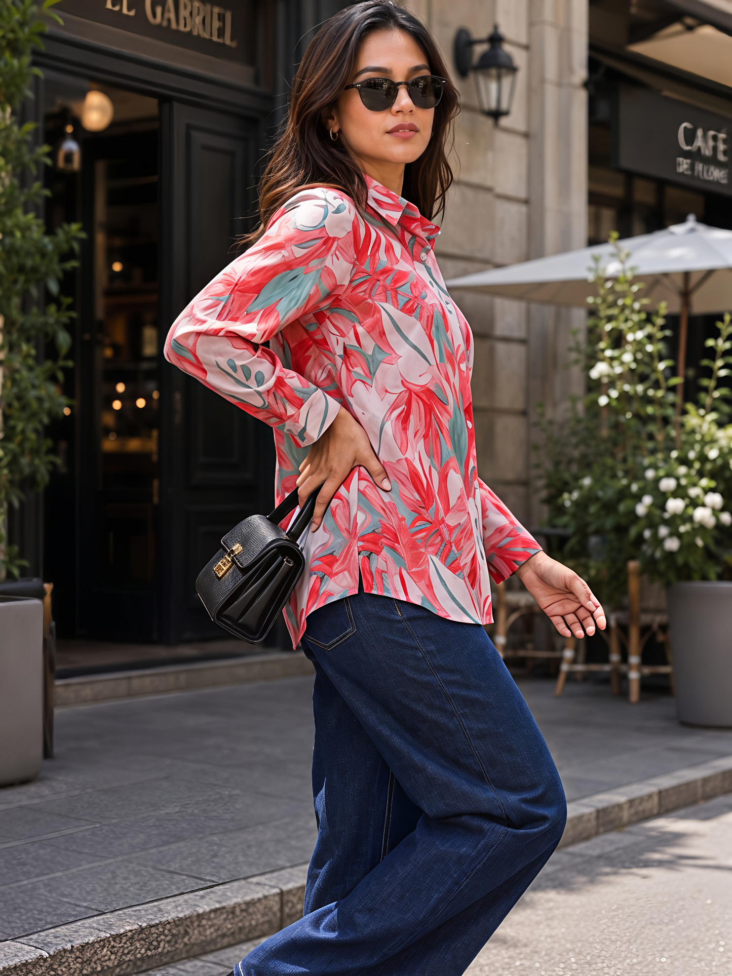 Orange Floral Printed Button Down Long Sleeve Shirt Women