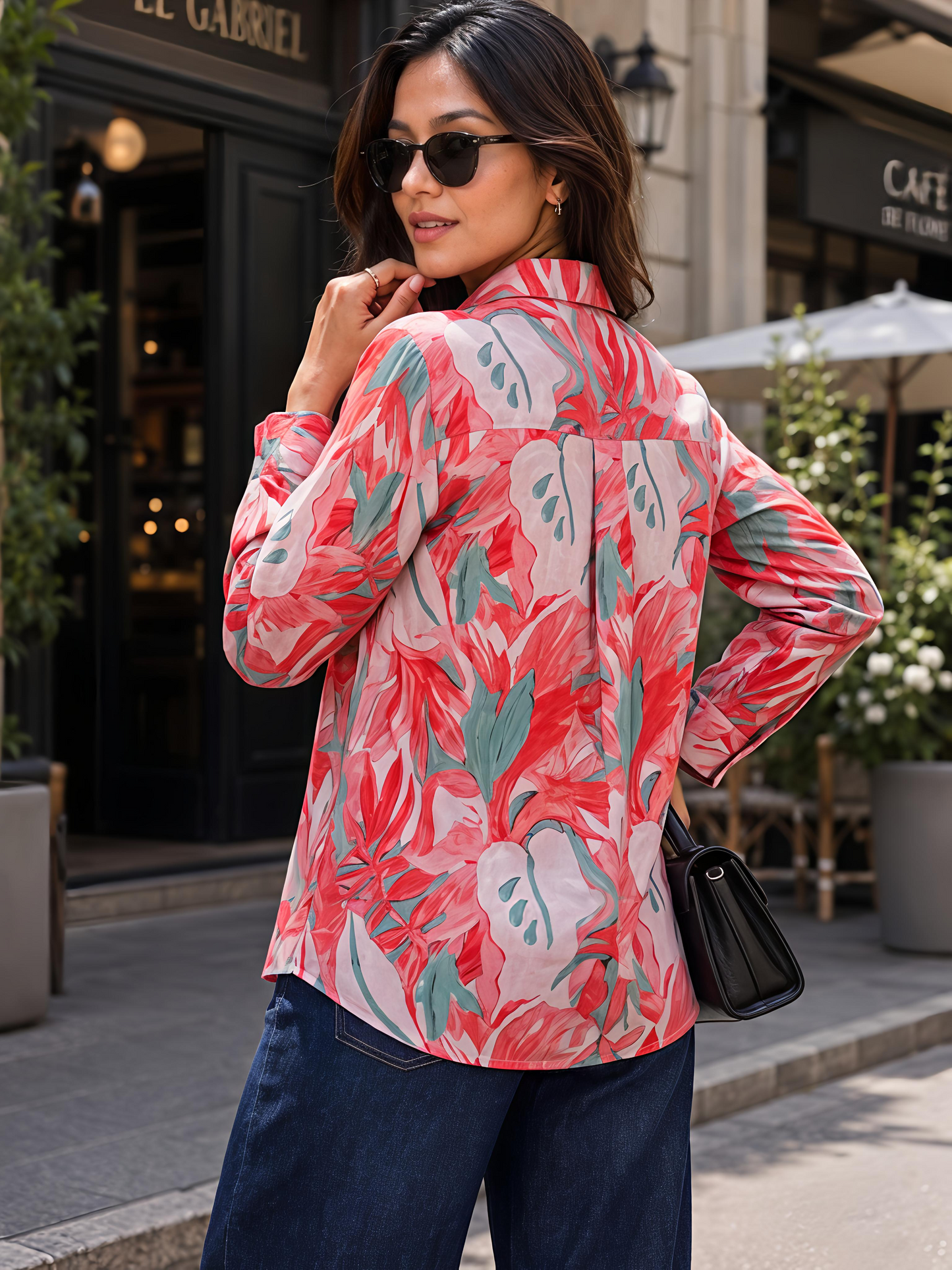Orange Floral Printed Button Down Long Sleeve Shirt Women