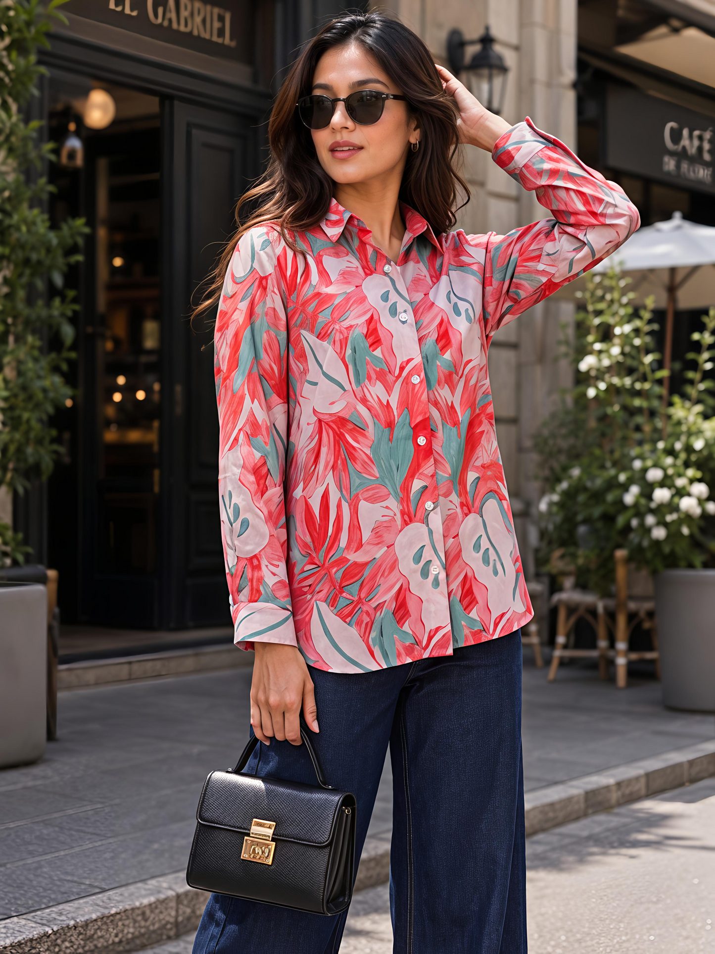 Orange Floral Printed Button Down Long Sleeve Shirt Women