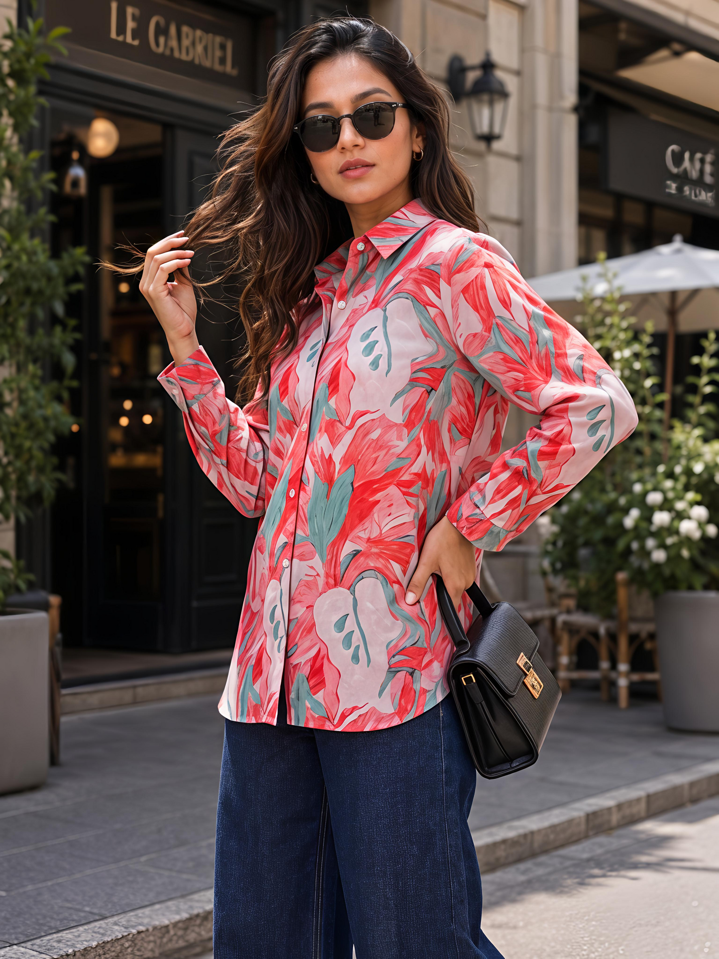 Orange Floral Printed Button Down Long Sleeve Shirt Women
