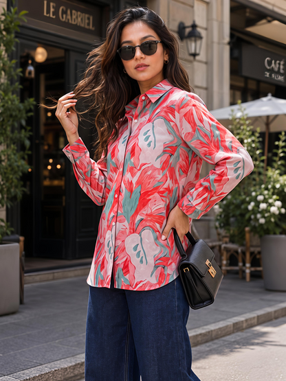 Orange Floral Printed Button Down Long Sleeve Shirt Women