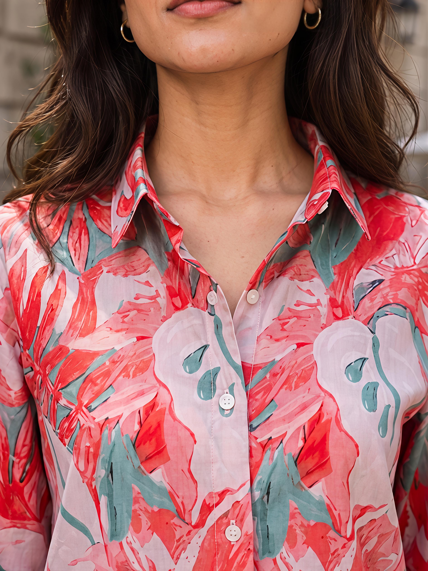 Orange Floral Printed Button Down Long Sleeve Shirt Women