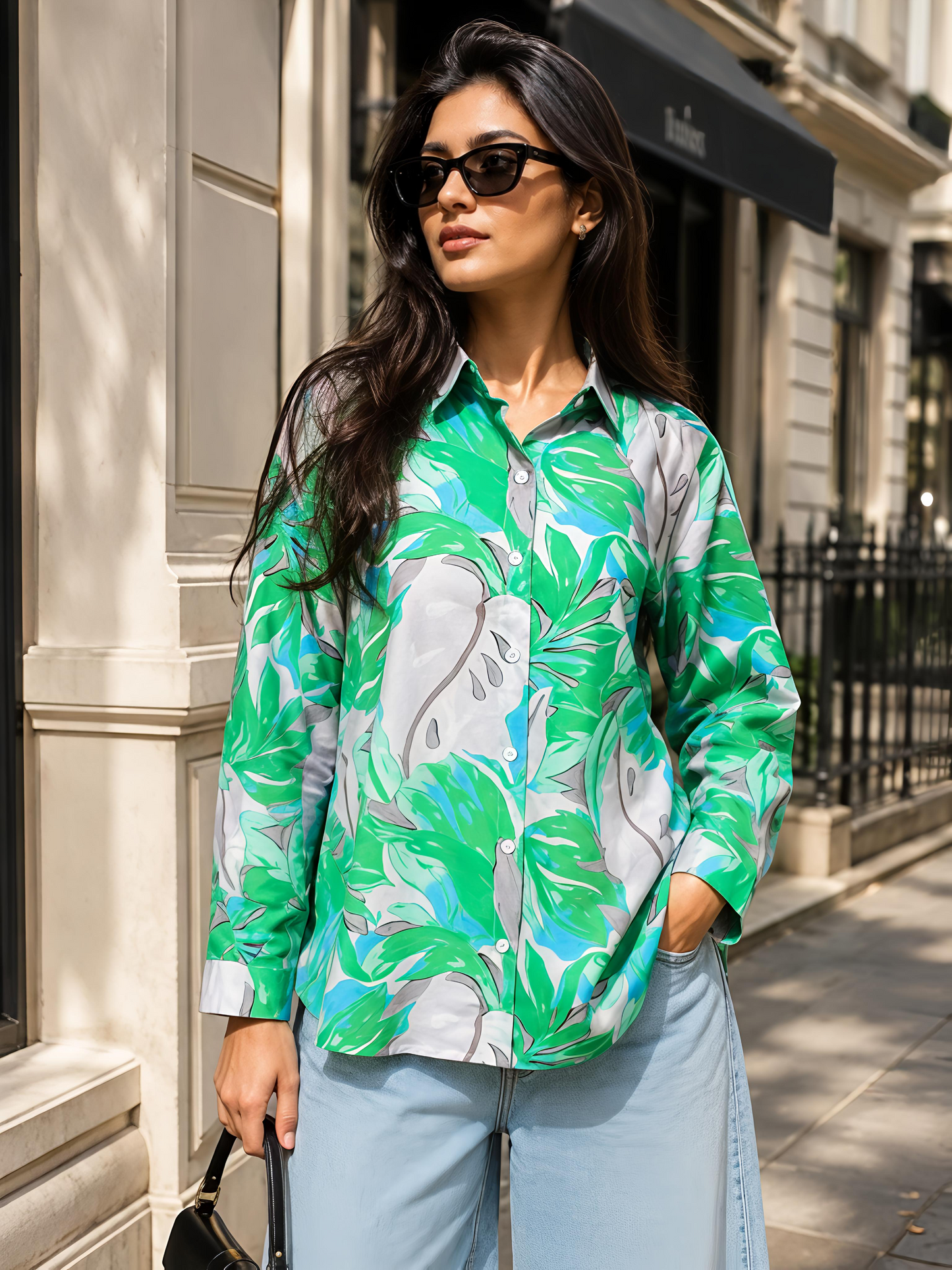 Green Floral Printed Button Down Long Sleeve Shirt Women