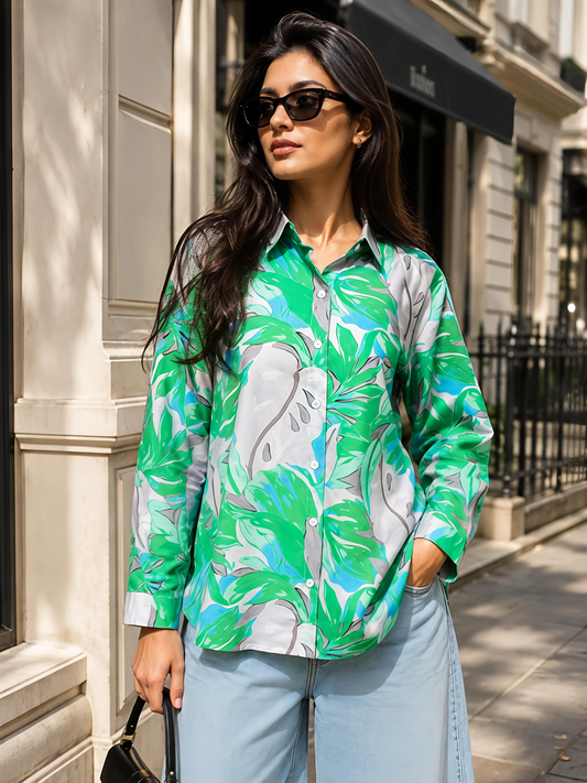 Green Floral Printed Button Down Long Sleeve Shirt Women