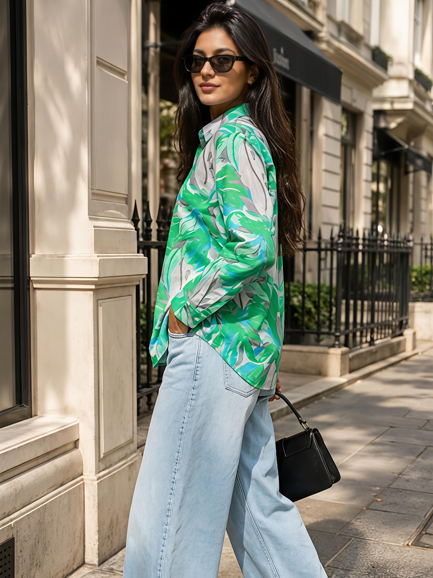 Green Floral Printed Button Down Long Sleeve Shirt Women