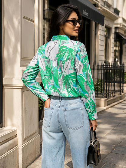 Green Floral Printed Button Down Long Sleeve Shirt Women