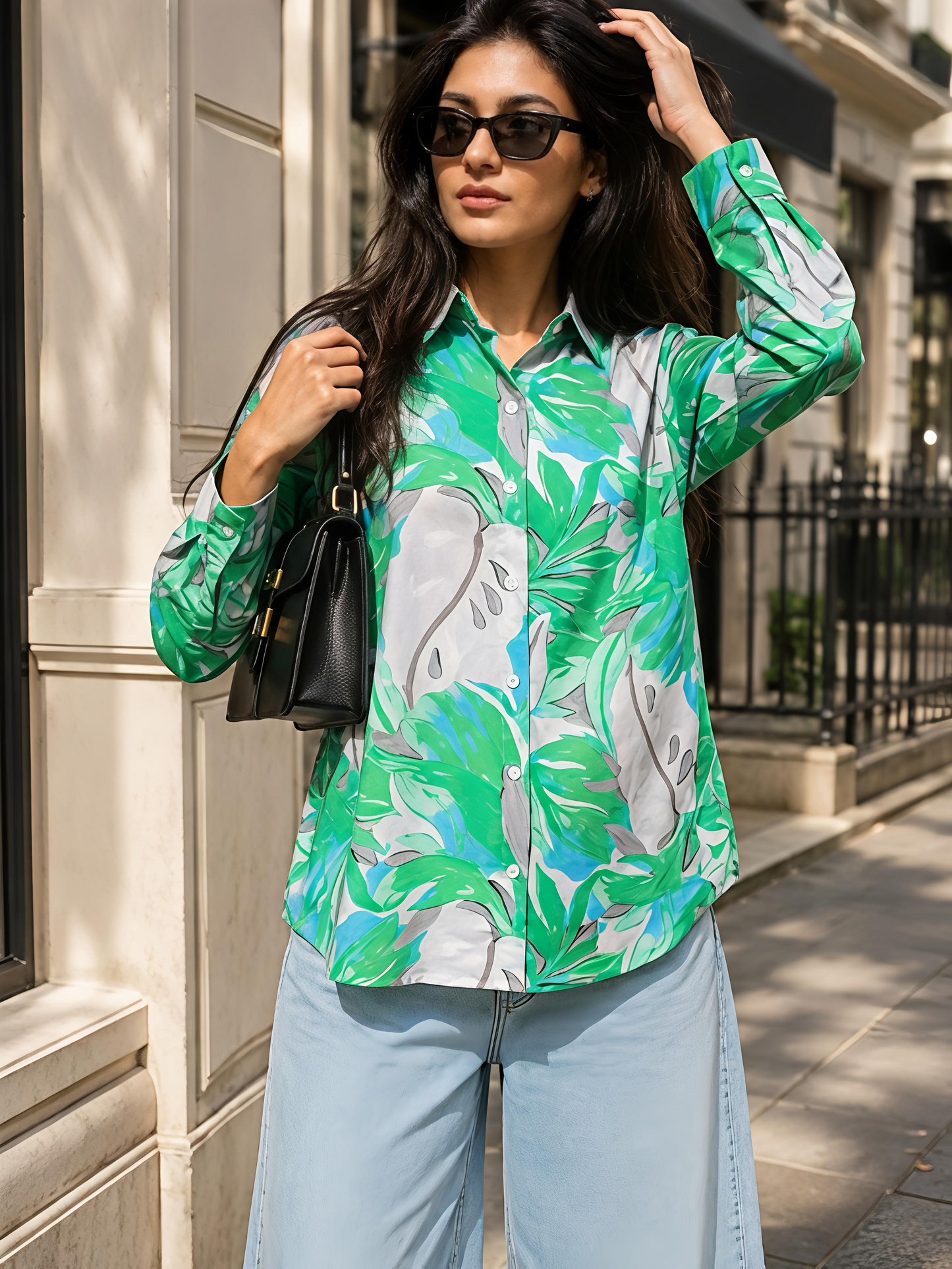 Green Floral Printed Button Down Long Sleeve Shirt Women