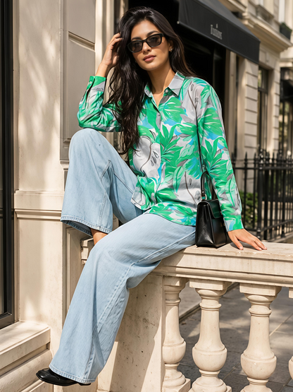 Green Floral Printed Button Down Long Sleeve Shirt Women