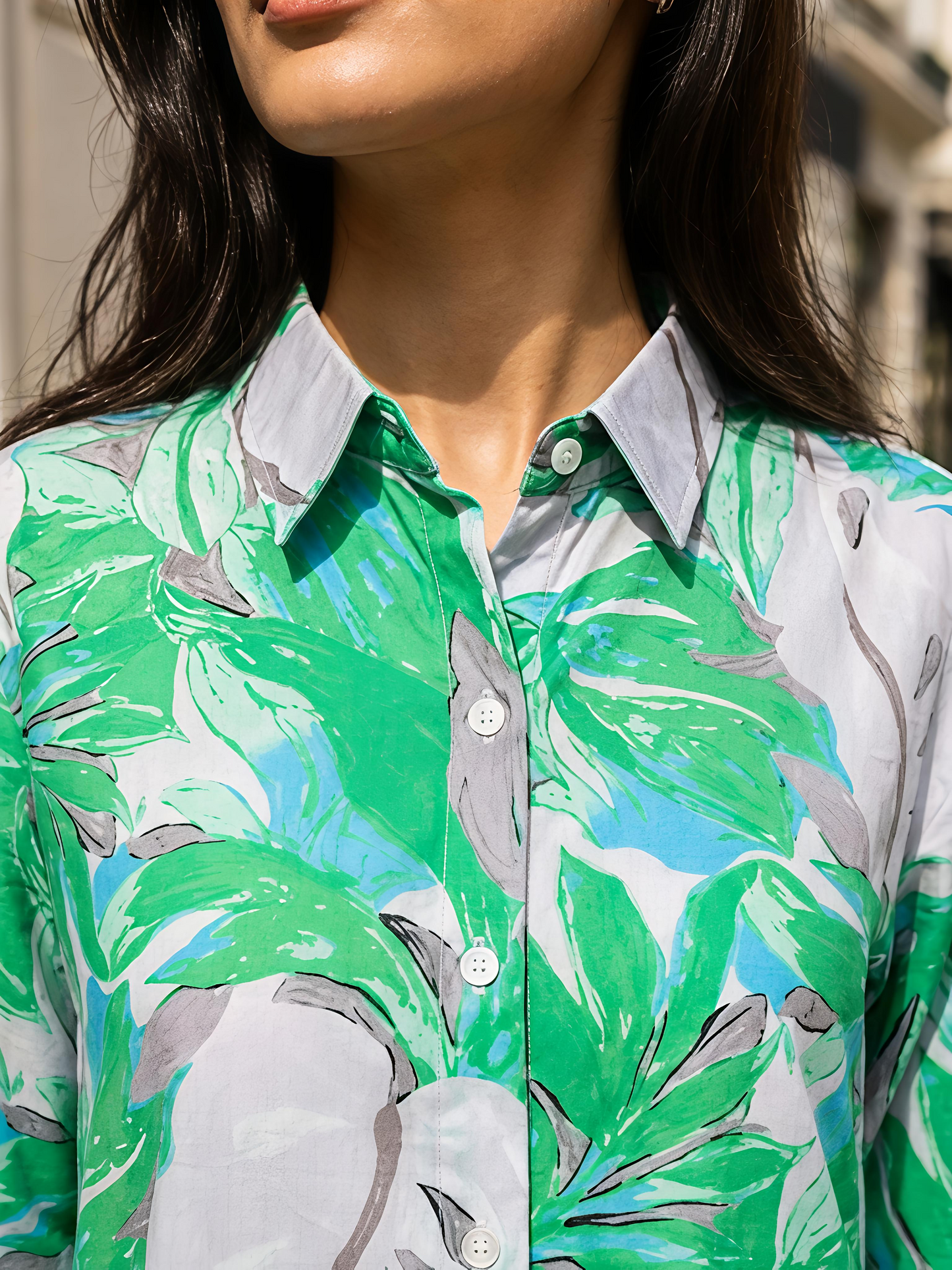 Green Floral Printed Button Down Long Sleeve Shirt Women