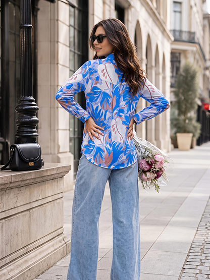 Blue Floral Printed Button Down Long Sleeve Shirt Women