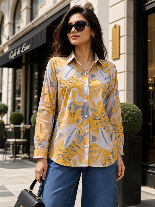 Yellow Floral Printed Button Down Long Sleeve Shirt Women
