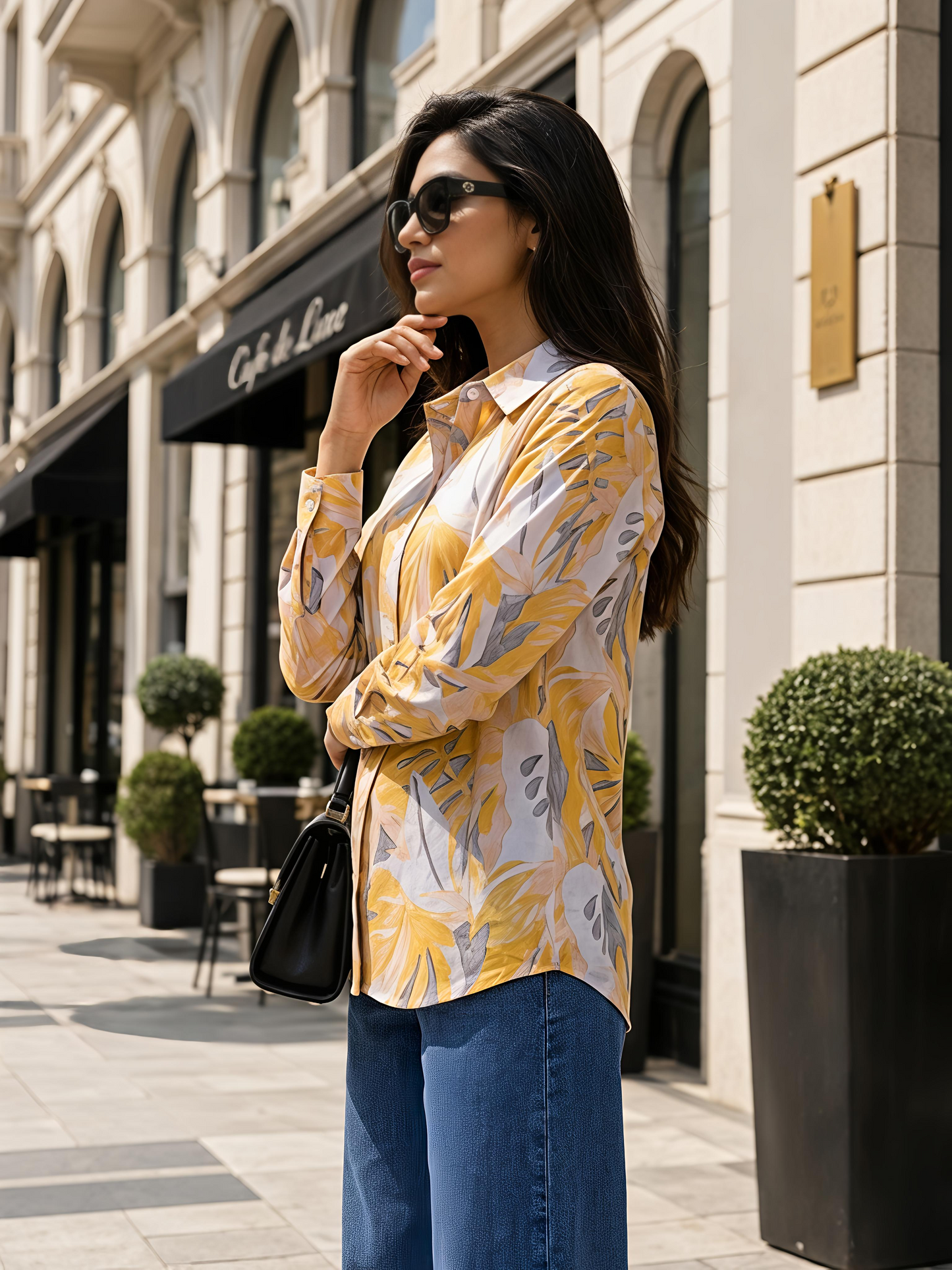 Yellow Floral Printed Button Down Long Sleeve Shirt Women