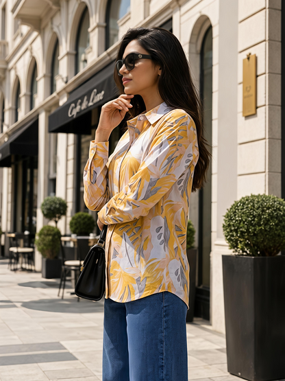 Yellow Floral Printed Button Down Long Sleeve Shirt Women