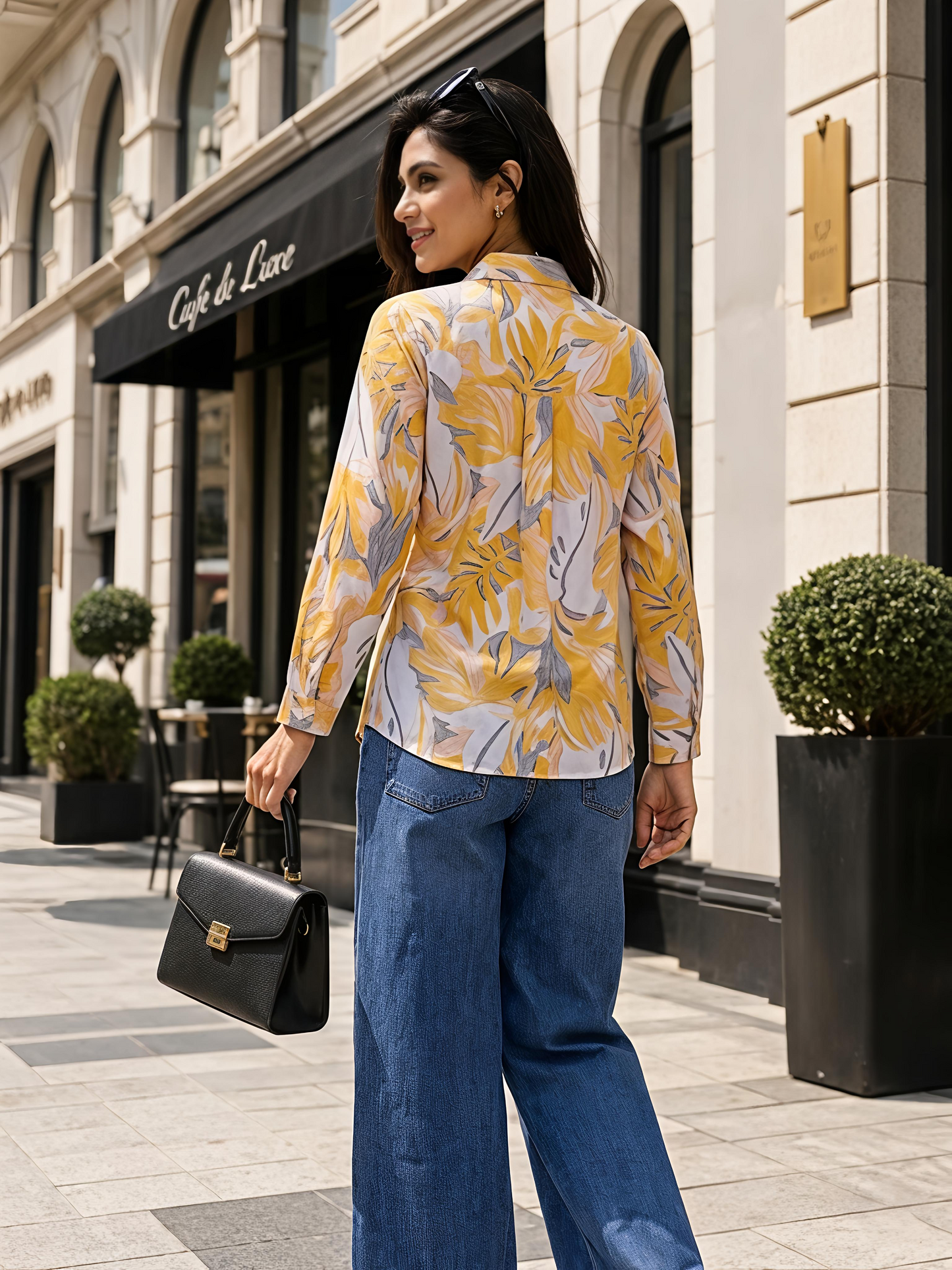 Yellow Floral Printed Button Down Long Sleeve Shirt Women