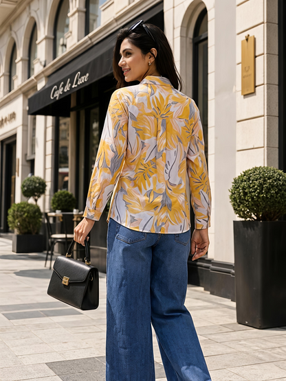 Yellow Floral Printed Button Down Long Sleeve Shirt Women