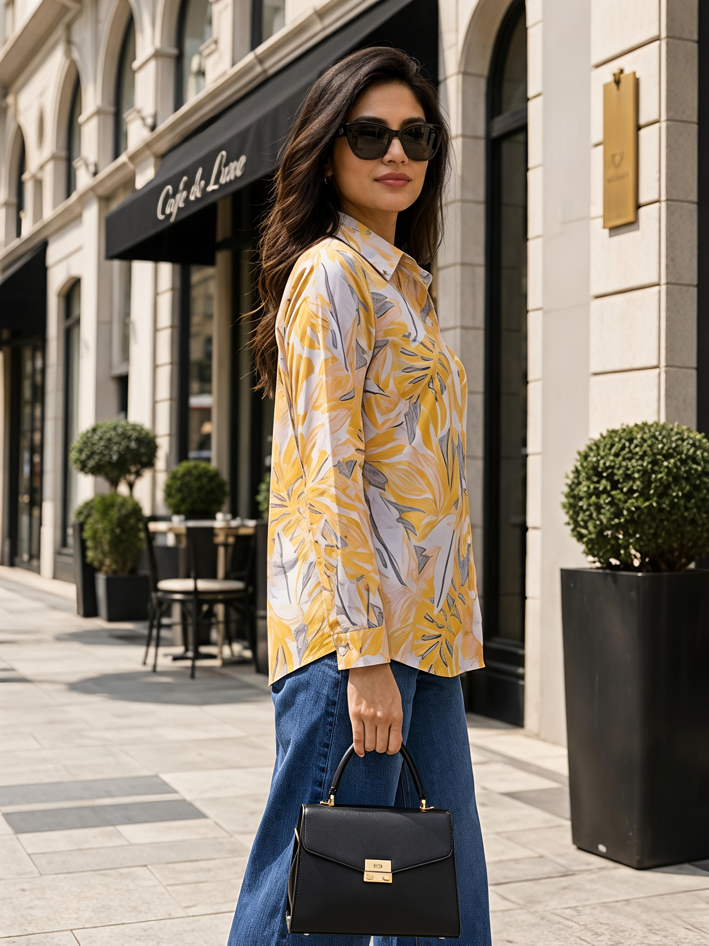 Yellow Floral Printed Button Down Long Sleeve Shirt Women
