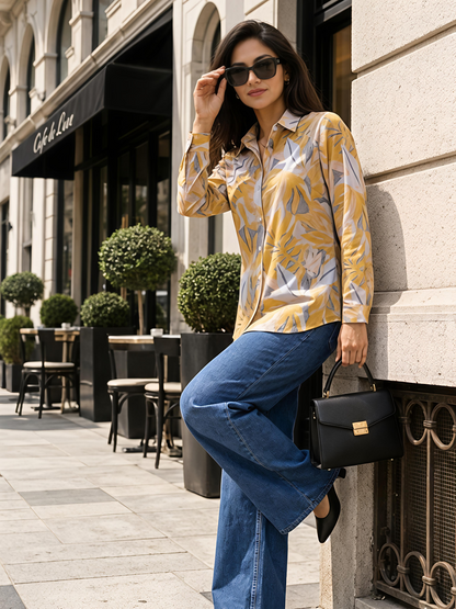 Yellow Floral Printed Button Down Long Sleeve Shirt Women