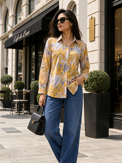 Yellow Floral Printed Button Down Long Sleeve Shirt Women