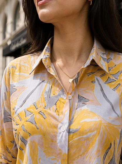 Yellow Floral Printed Button Down Long Sleeve Shirt Women