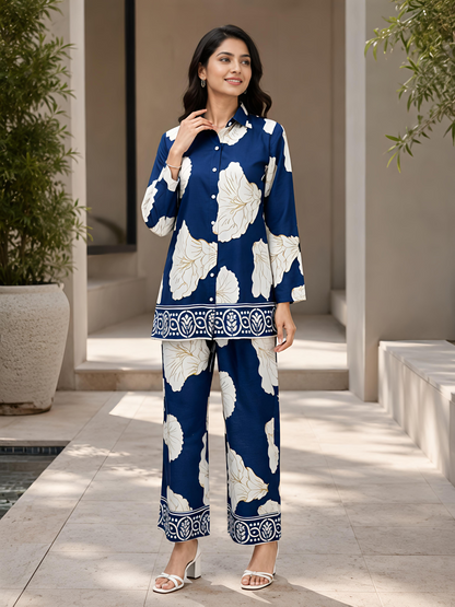 Blue Printed Women Co-ord Set Shirt Palazzo Soft Fabric