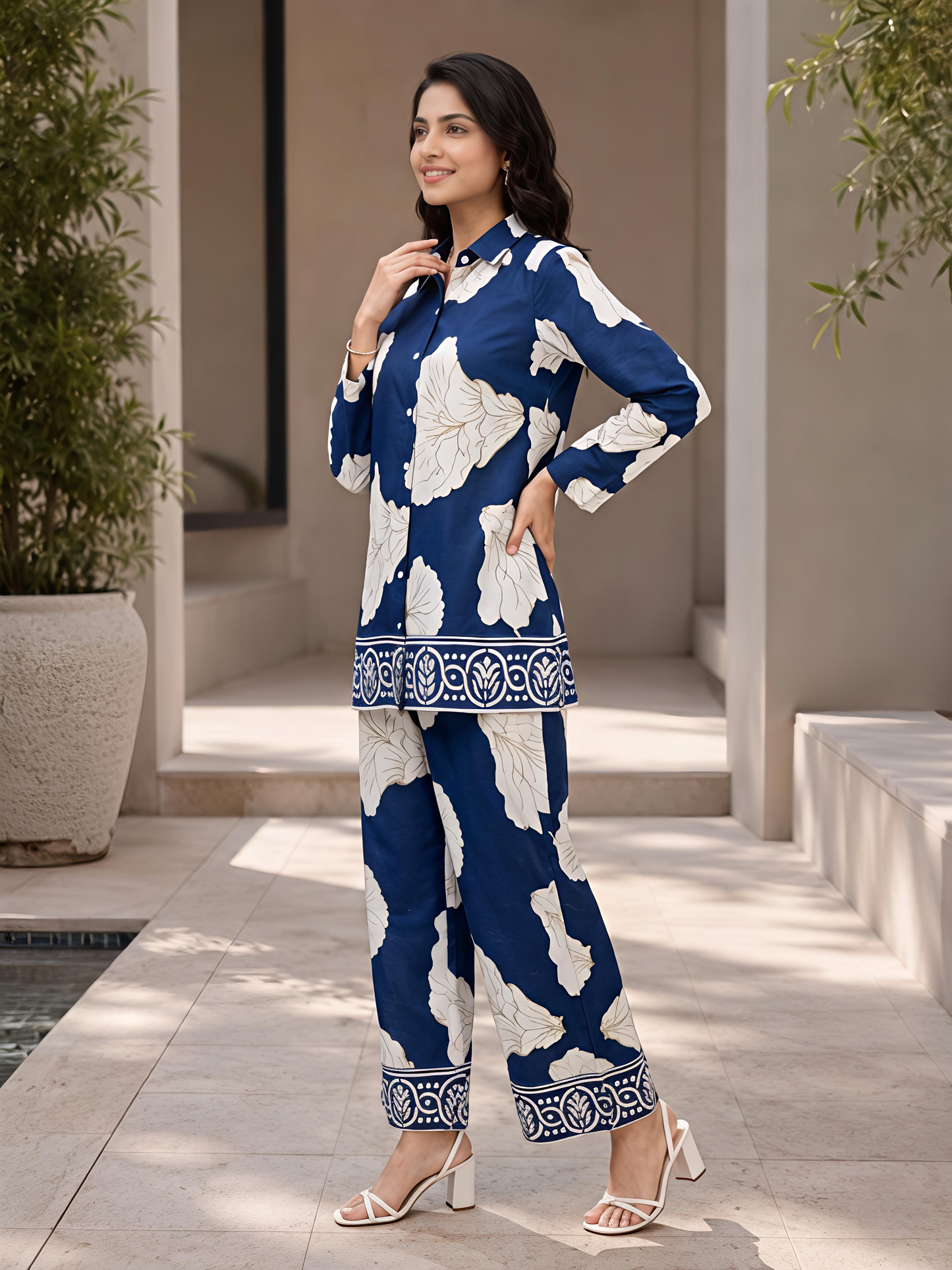 Blue Printed Women Co-ord Set Shirt Palazzo Soft Fabric