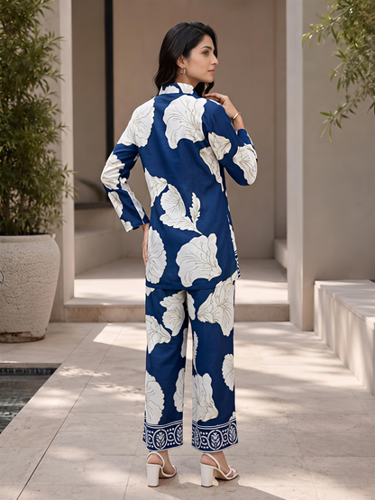 Blue Printed Women Co-ord Set Shirt Palazzo Soft Fabric
