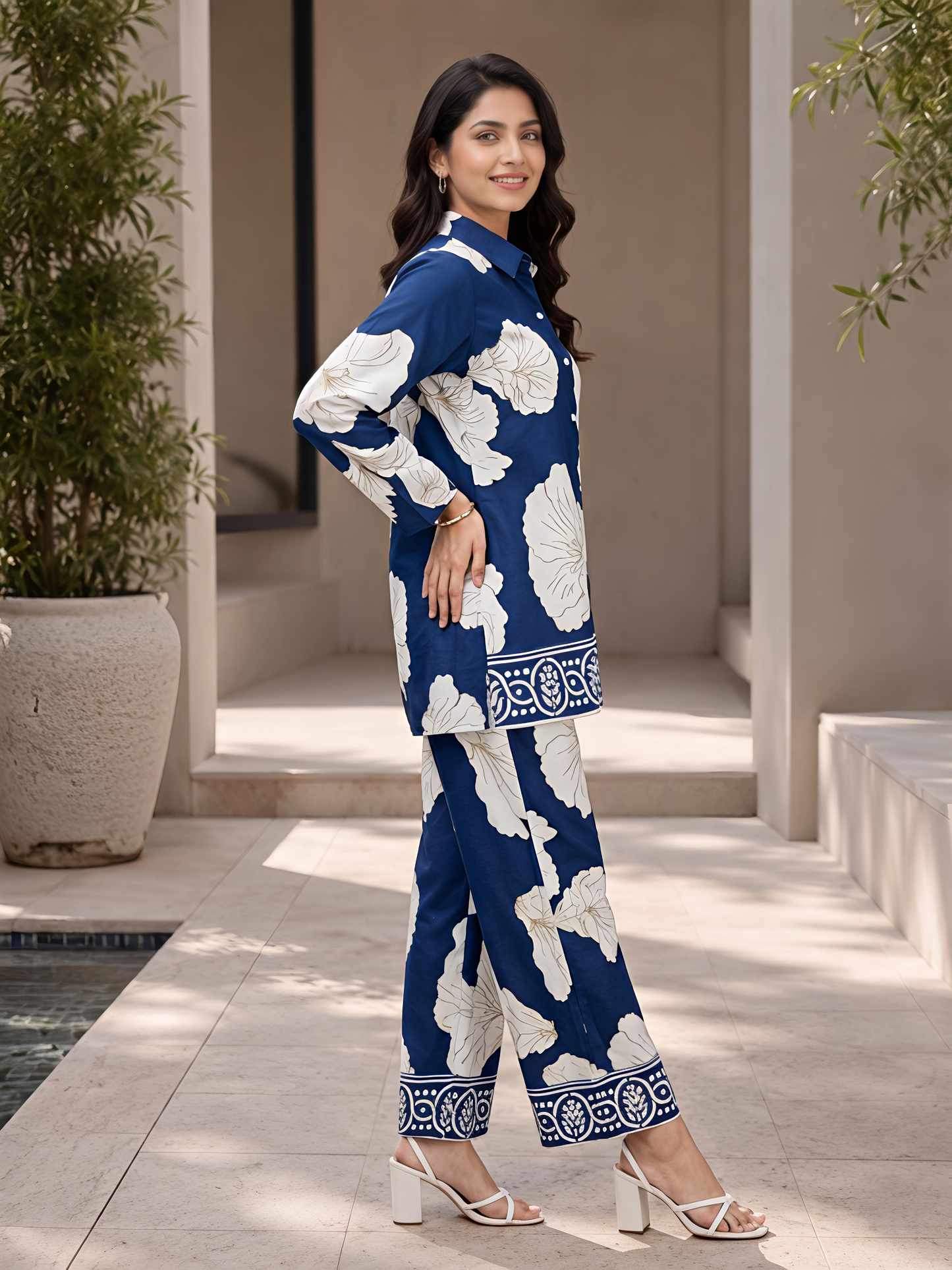 Blue Printed Women Co-ord Set Shirt Palazzo Soft Fabric