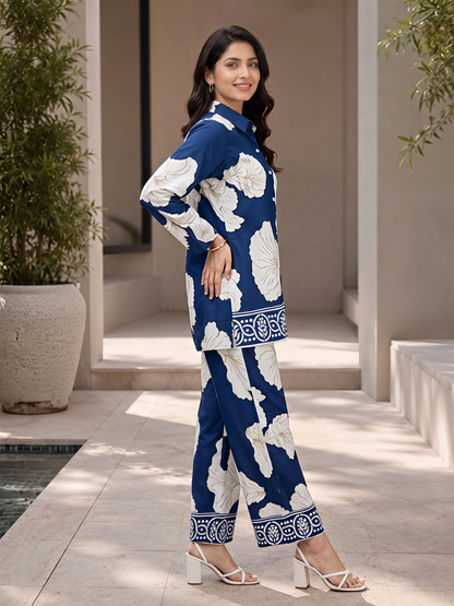 Blue Printed Women Co-ord Set Shirt Palazzo Soft Fabric