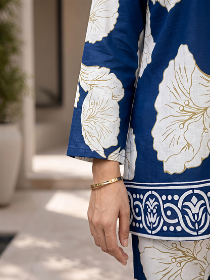 Blue Printed Women Co-ord Set Shirt Palazzo Soft Fabric