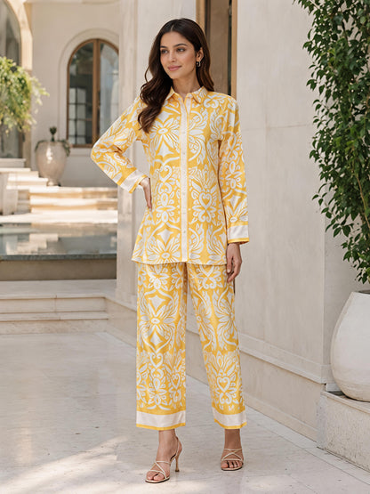 Yellow Printed Co-ord Set Women Shirt Palazzo Button Down