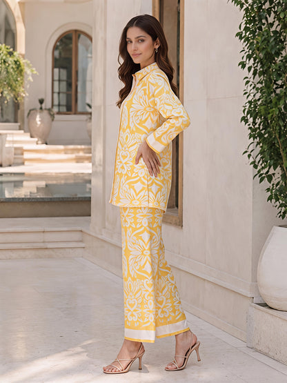 Yellow Printed Co-ord Set Women Shirt Palazzo Button Down