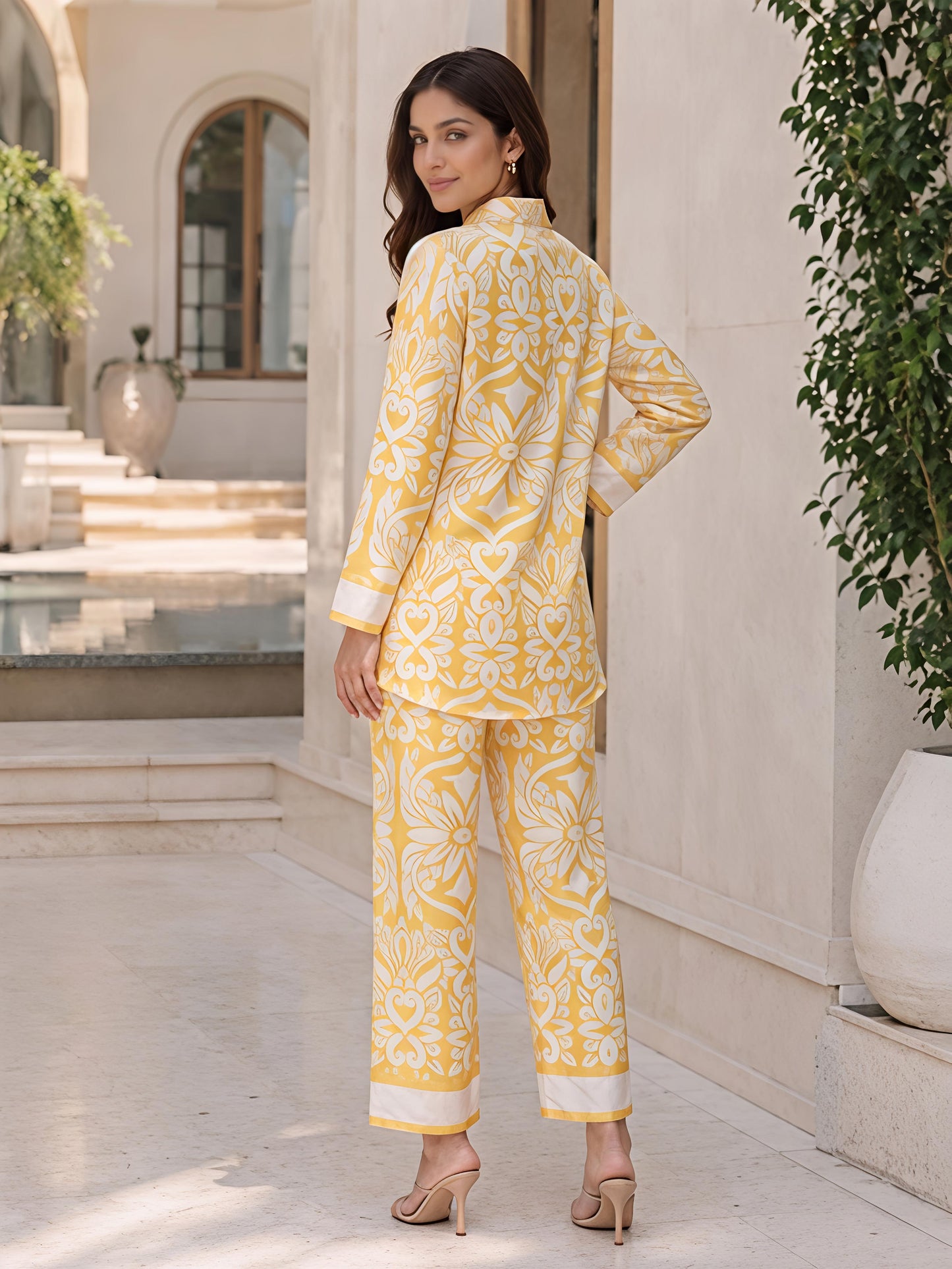 Yellow Printed Co-ord Set Women Shirt Palazzo Button Down