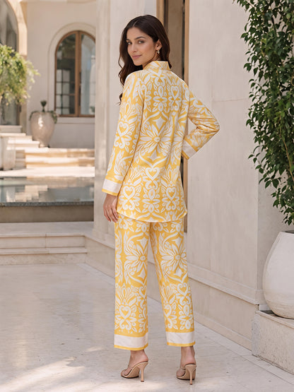 Yellow Printed Co-ord Set Women Shirt Palazzo Button Down