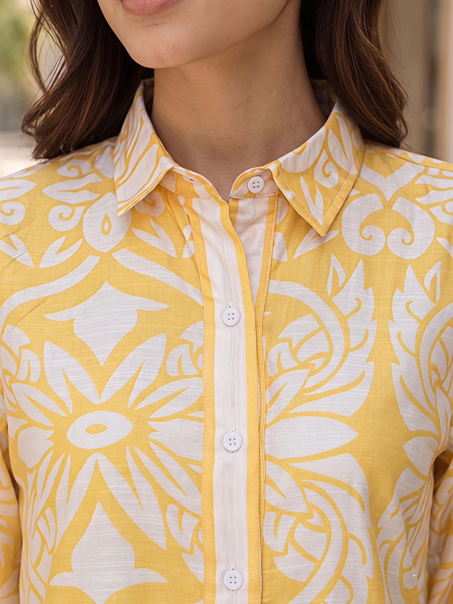 Yellow Printed Co-ord Set Women Shirt Palazzo Button Down