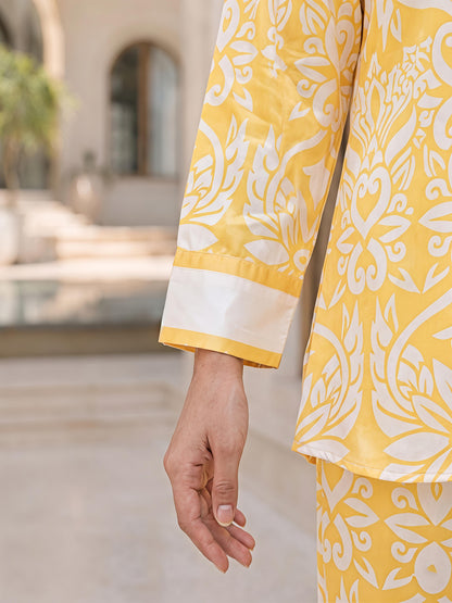 Yellow Printed Co-ord Set Women Shirt Palazzo Button Down