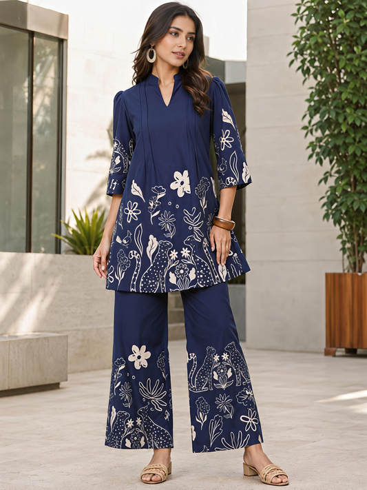 Women Blue Printed Kurta Pant Soft Fabric Co-ord Set