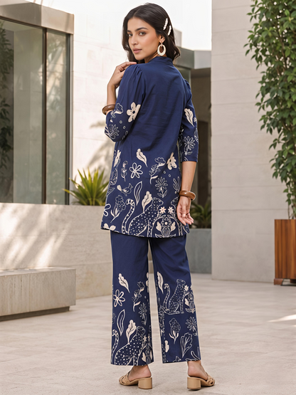 Women Blue Printed Kurta Pant Soft Fabric Co-ord Set