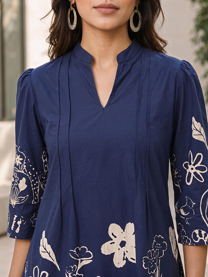 Women Blue Printed Kurta Pant Soft Fabric Co-ord Set
