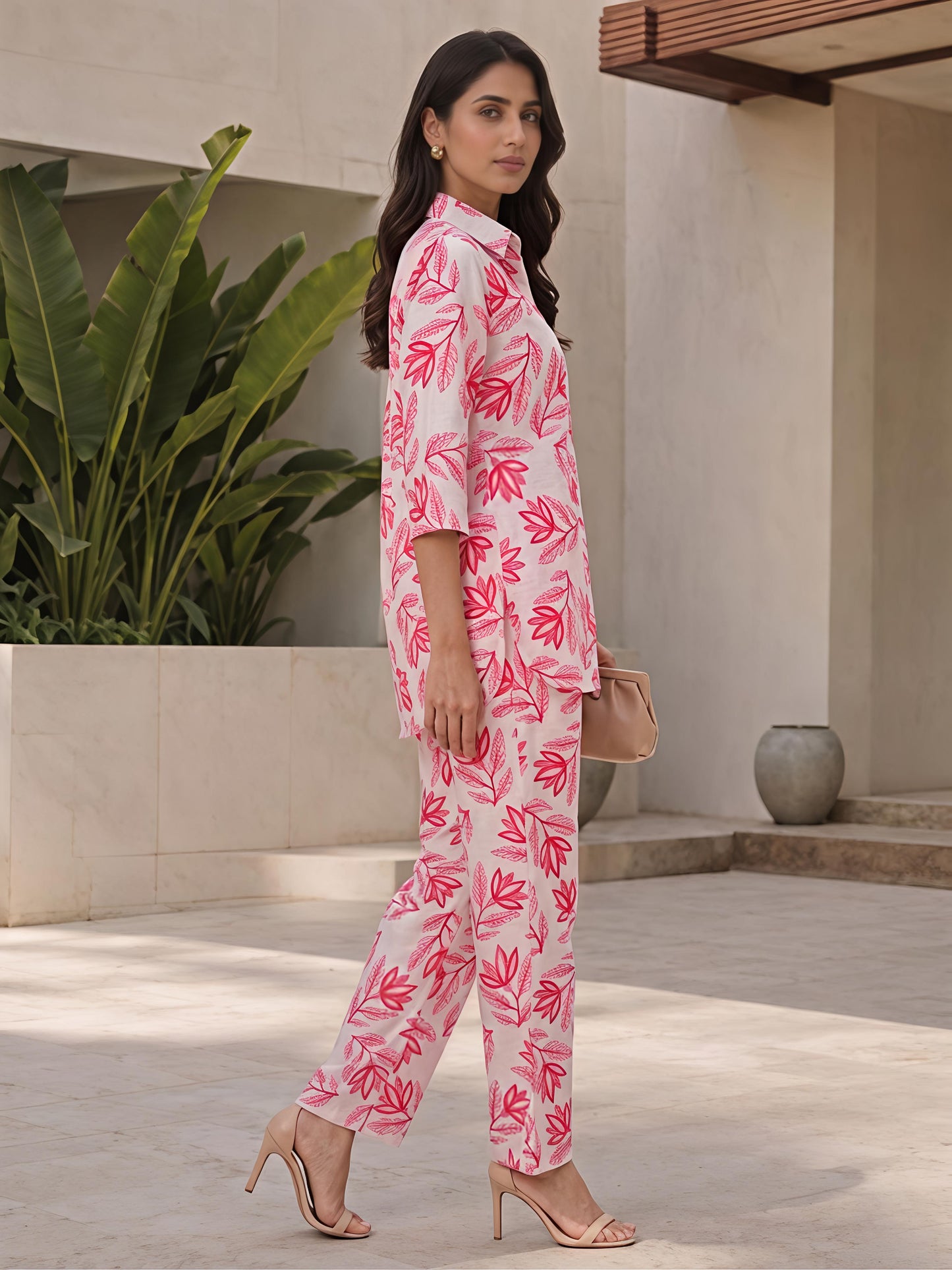 White Red Printed Kurta Pant Rayon Floral Co-ord Set